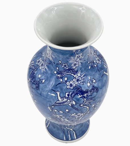 Blue & White Crane & Flowers Chinoiserie Ceramic Vase 14"