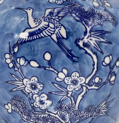 Blue & White Crane & Flowers Chinoiserie Ceramic Vase 14"
