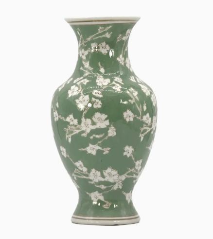 Green Sakura Chinoiserie Ceramic Vase 14"