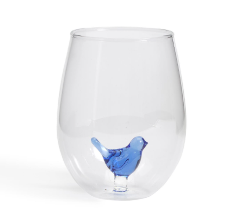 Blue Bird Stemless Wine Glass