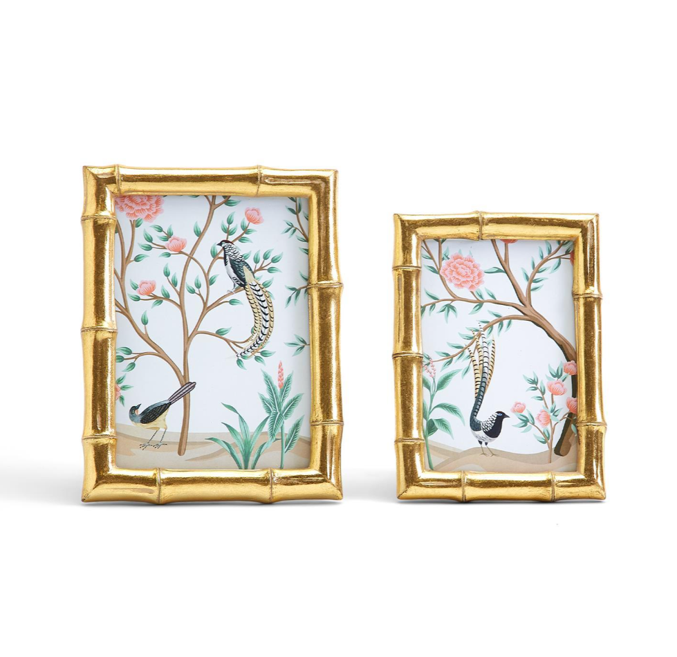 Gold Faux Bamboo Photo Frame with Flora and Fauna Art
