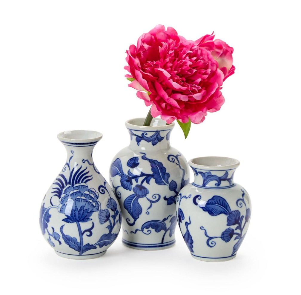Blue Willow Hand-Painted Floral Chinoiserie Vases