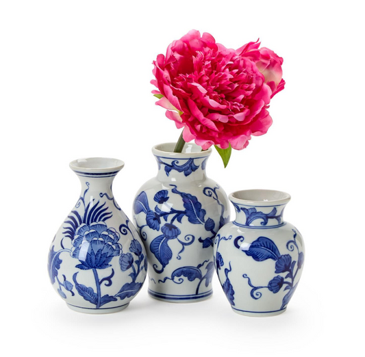 Blue Willow Hand-Painted Floral Chinoiserie Vases