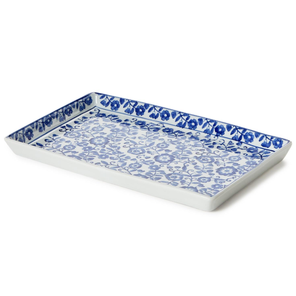 Chinoiserie Hand-Painted Blue and White Floral Tray - Porcelain