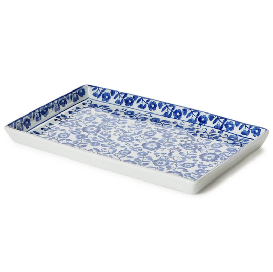 Chinoiserie Hand-Painted Blue and White Floral Tray - Porcelain