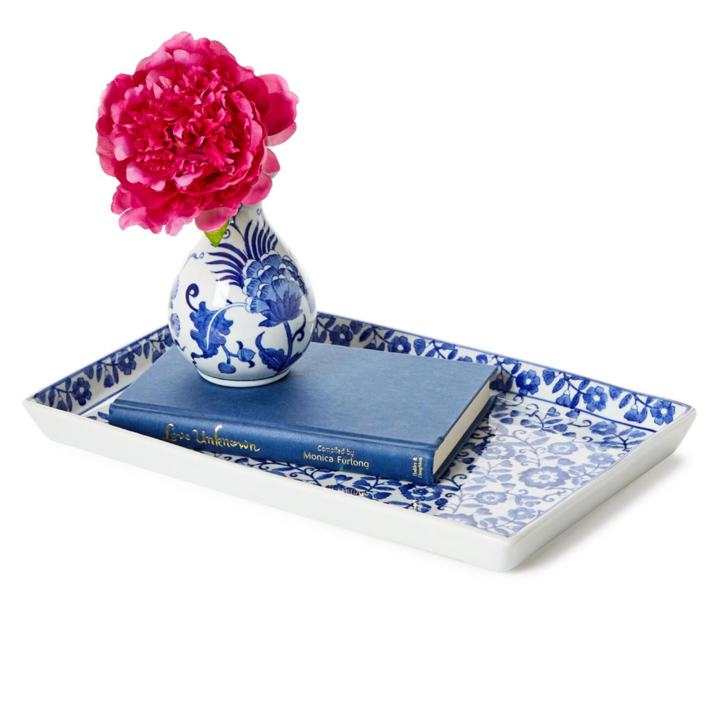 Chinoiserie Hand-Painted Blue and White Floral Tray - Porcelain
