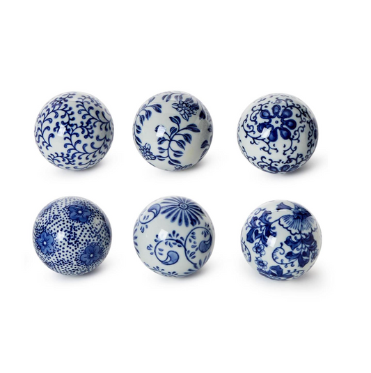 Chinoiserie Set of 6 Hand-Painted Blue and White Decorative Balls - Porcelain