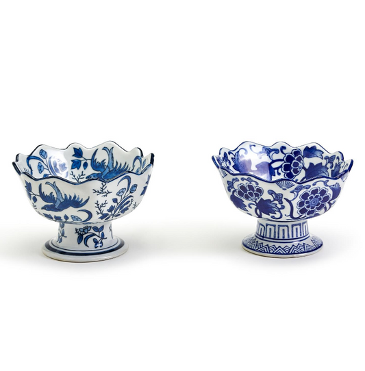 Blue and White Scalloped Edge Hand-Painted Footed Bowl