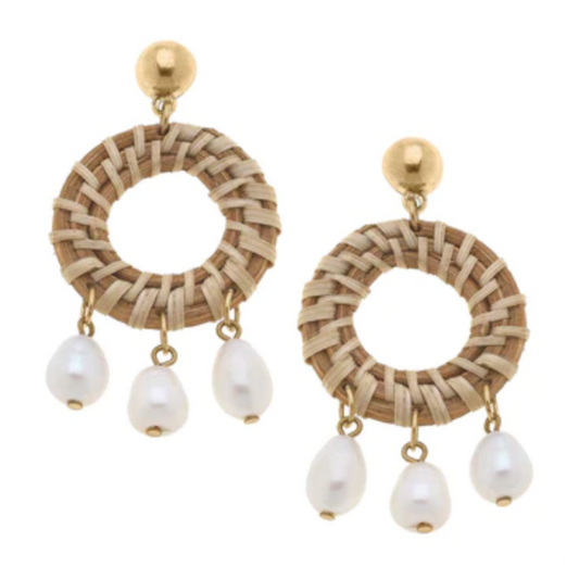 Reyna Wicker & Pearl Drop Hoop Earrings in Natural